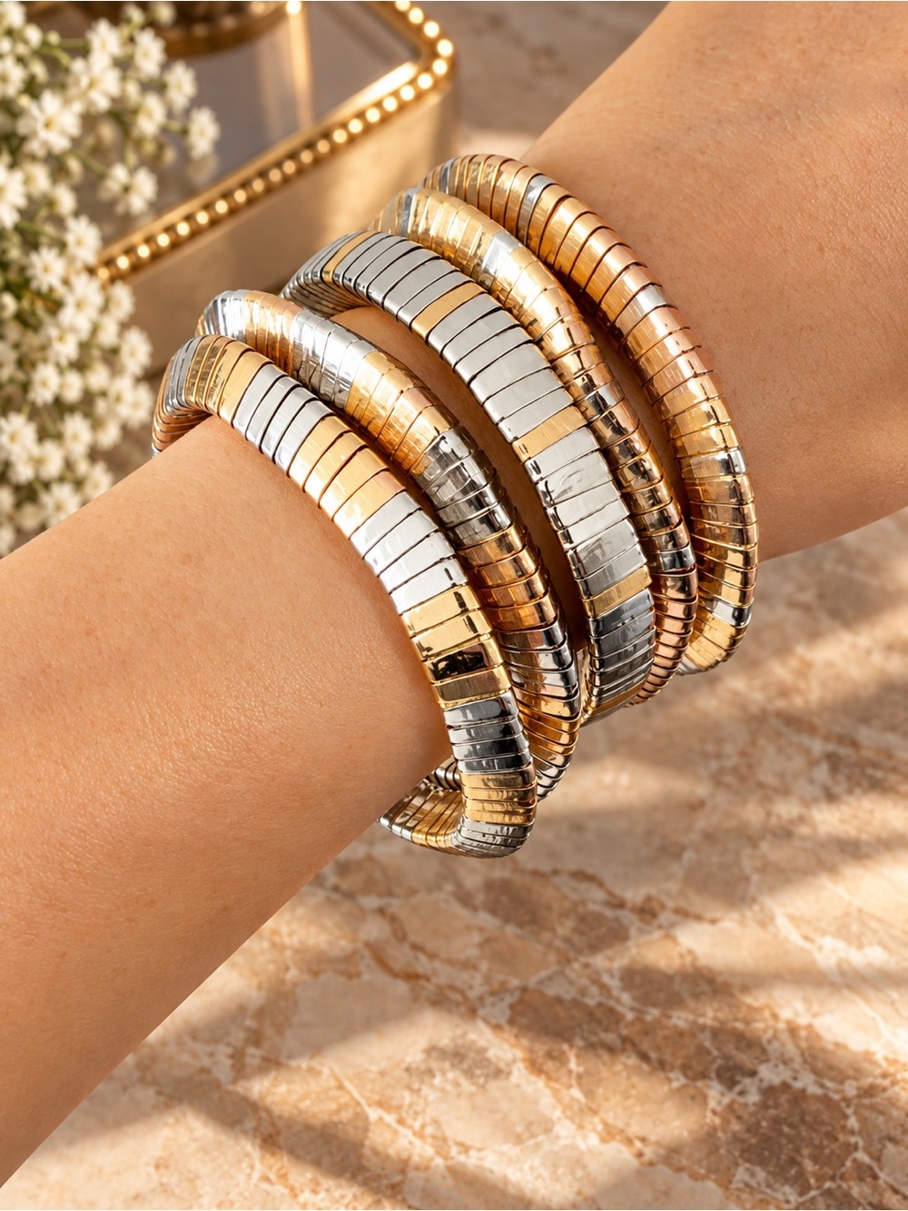 Tri-Tone Stretch Coil Bracelet Set